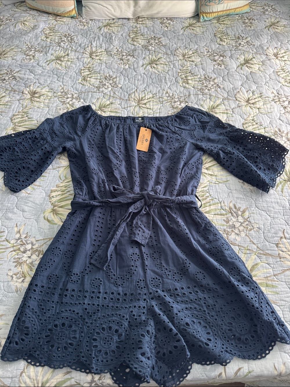 Sperry Navy Eyelet Off-Shoulder Tie-Waist Romper Dress